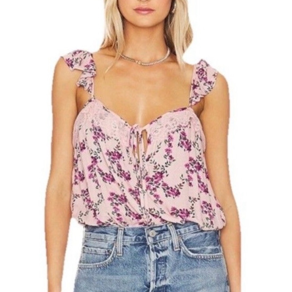 Free People intimately free Pink Floral Ruffle pink bodysuit size large